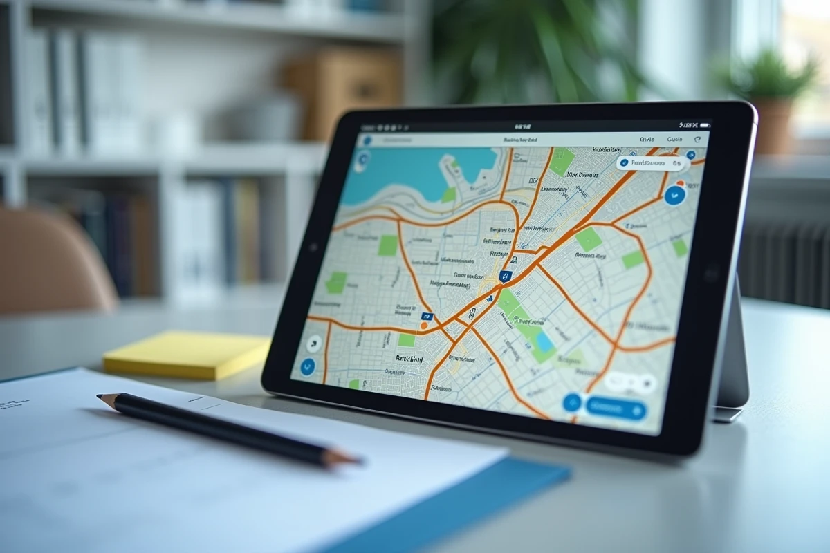 Tablette numérique affichant une carte interactive de Toulouse avec les quartiers colorés sur un bureau moderne