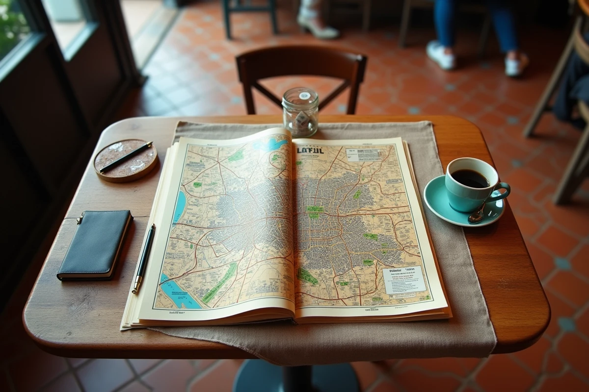 Carte détaillée de Toulouse dépliée sur une table de café avec un stylo et un carnet pour se repérer dans les quartiers