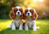 Deux chiens cavalier king charles dans un jardin ensoleille