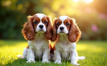 Les différences entre un cavalier King Charles et un cavalier King Charles nain Deux chiens cavalier king charles dans un jardin ensoleille