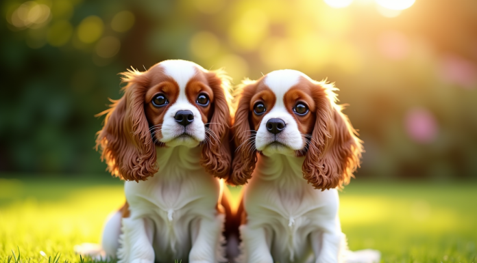 Les différences entre un cavalier King Charles et un cavalier King Charles nain Deux chiens cavalier king charles dans un jardin ensoleille