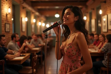 Femme italienne chantant au karaoké dans une trattoria chaleureuse