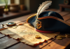 Chapeau de pirate avec plume sur carte au trésor ancienne