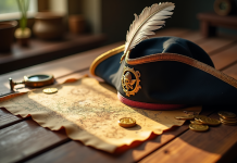 Chapeau de pirate avec plume sur carte au trésor ancienne