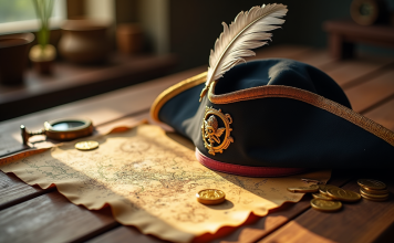 Découvrez les épisodes hors-série les plus épiques de One Piece Chapeau de pirate avec plume sur carte au trésor ancienne