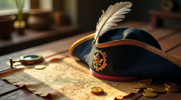 Chapeau de pirate avec plume sur carte au trésor ancienne