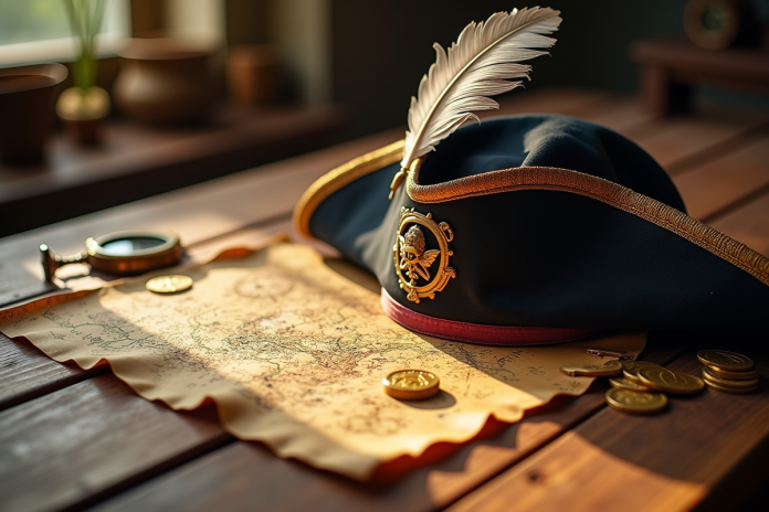 chapeau-de-pirate-ancienne Chapeau de pirate avec plume sur carte au trésor ancienne