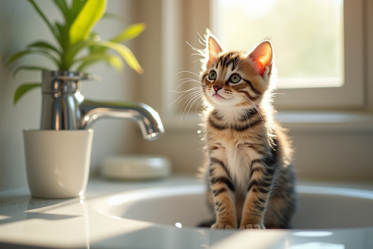 Chaton mouillé assis sur un comptoir de salle de bain