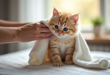 Chaton pelucheux séché avec douceur par des mains