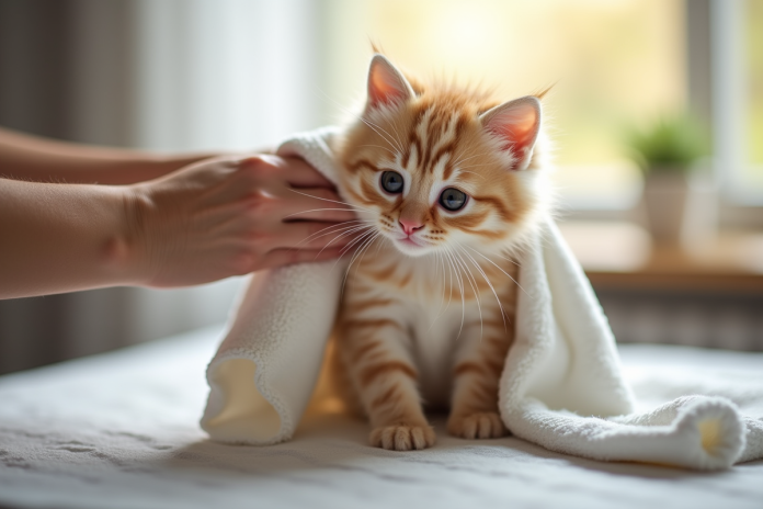 Chaton pelucheux séché avec douceur par des mains