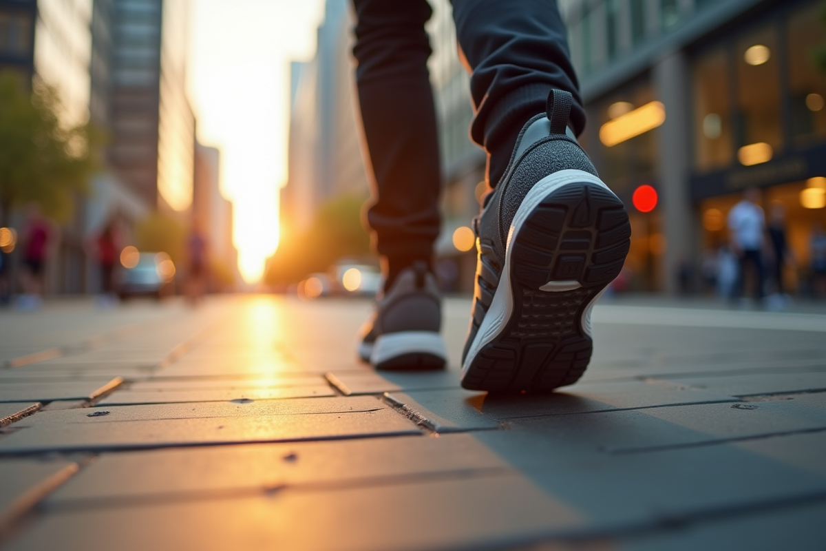 Chaussures confortables marchant sur le trottoir avec montre connectée