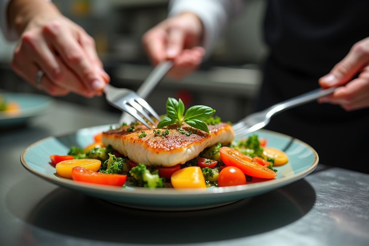 Chef dressant un filet de seiche avec légumes colorés en cuisine
