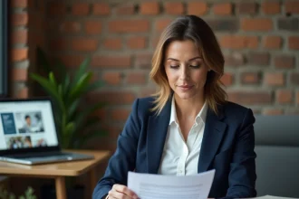 Cheffe d'entreprise consultant des documents de conformité anti-discrimination dans une petite entreprise