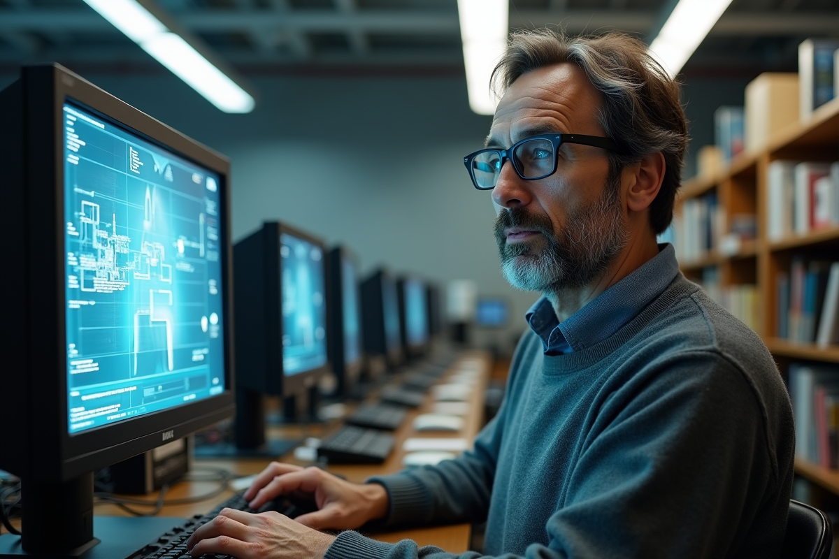 Chercheur en laboratoire universitaire avec matériel informatique vintage