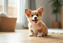 Chiot corgi joueur sur un sol en bois lumineux