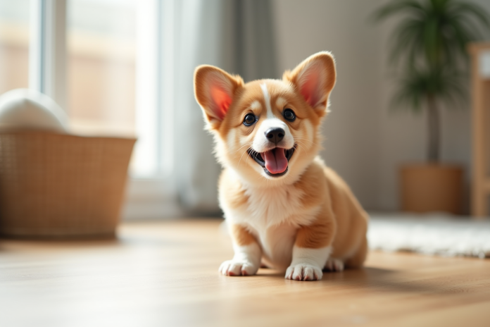 Chiot corgi joueur sur un sol en bois lumineux