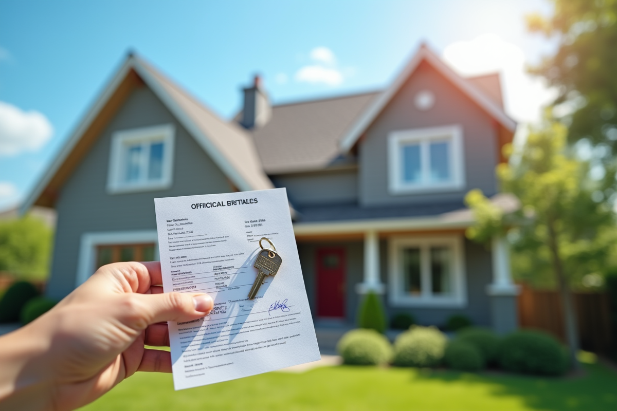 Main tenant une clé de maison et un document officiel devant une maison