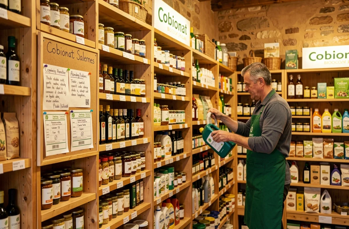 Boutique Cobionat Biocoop à Salernes avec ses rayons de produits bios locaux, huiles d'olive provençales et conserves artisanales