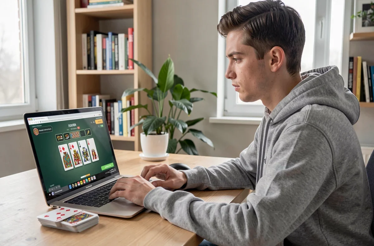 Jeune homme jouant à la coinche en ligne sur un ordinateur portable dans un bureau à domicile