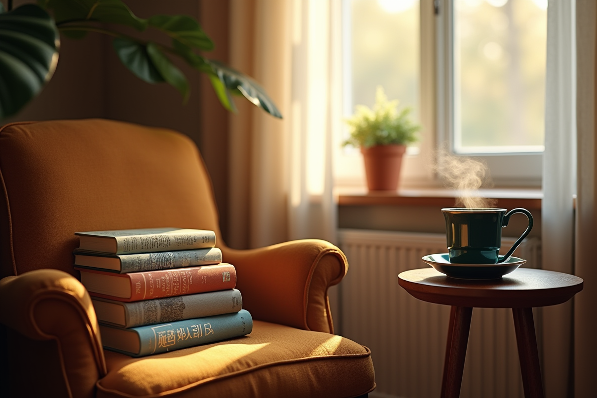 Coin lecture avec fauteuil et livres dans la lumière naturelle