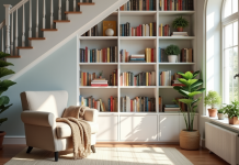 Coin lecture cosy sous l'escalier avec étagères blanches et fauteuil
