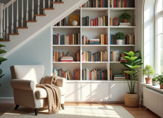 Coin lecture cosy sous l'escalier avec étagères blanches et fauteuil