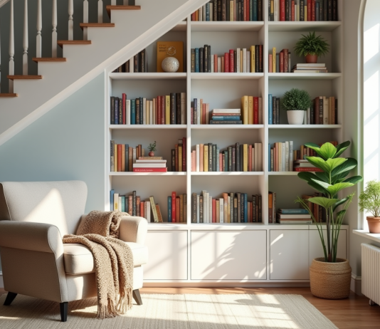 Transformer un espace oublié : l’aménagement sous l’escalier Coin lecture cosy sous l'escalier avec étagères blanches et fauteuil