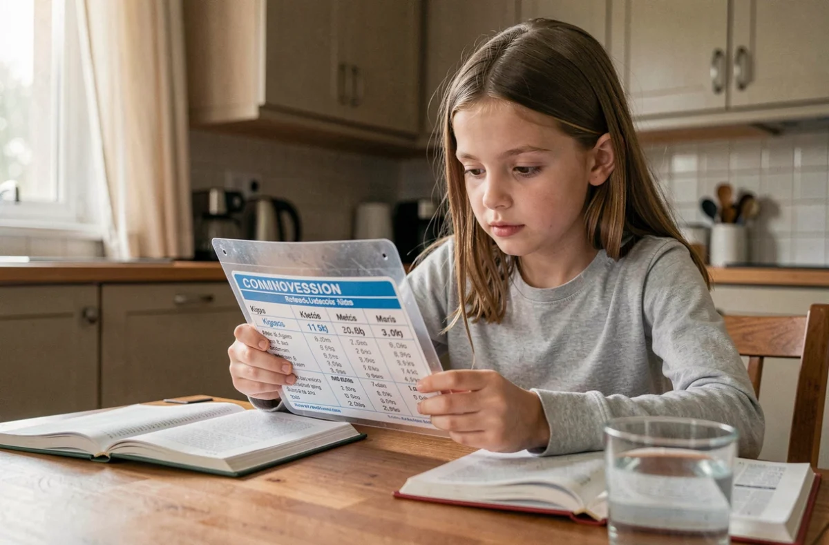 Jeune collégienne révisant une fiche de conversion des kilogrammes à la maison après l'école