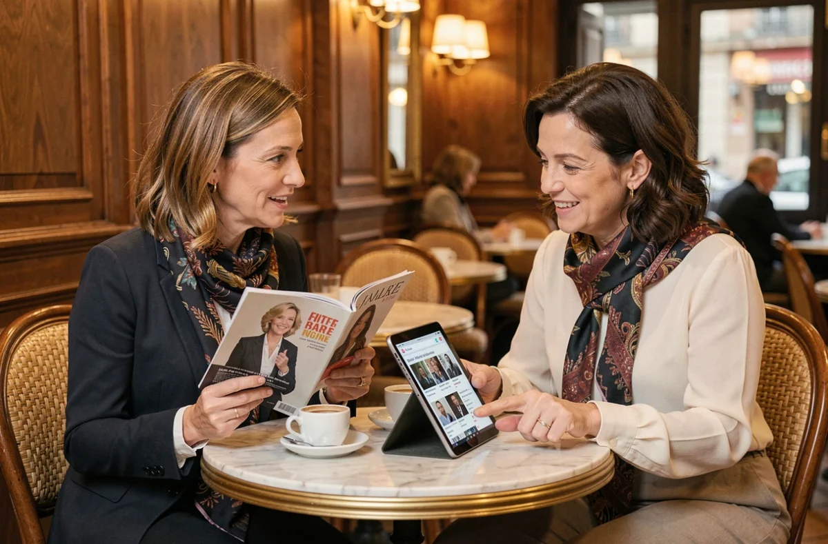 Deux femmes comparant un magazine people imprimé et un site d'actualité en ligne dans un café
