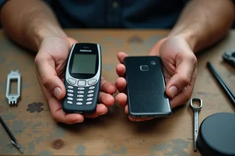 Comparaison tenue en main d'un Nokia 3310 vintage et d'un smartphone moderne en verre, illustrant la solidité des anciens modèles Nokia face aux téléphones actuels.