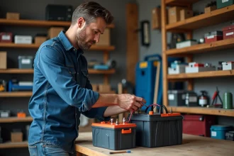 Homme connectant deux batteries dans un garage organisé