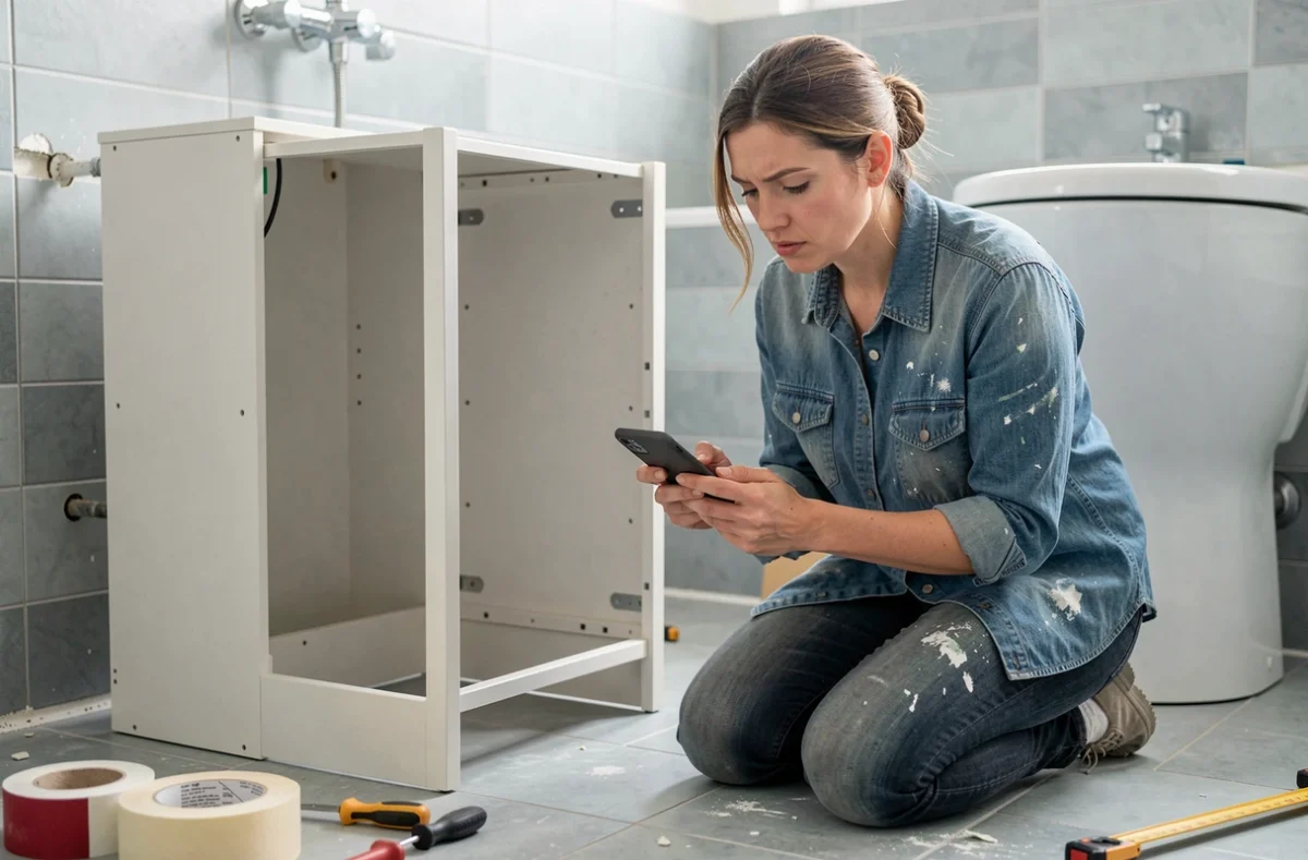 Femme en plein travaux de bricolage contactant lelabdubricoleur via smartphone dans une salle de bain en rénovation