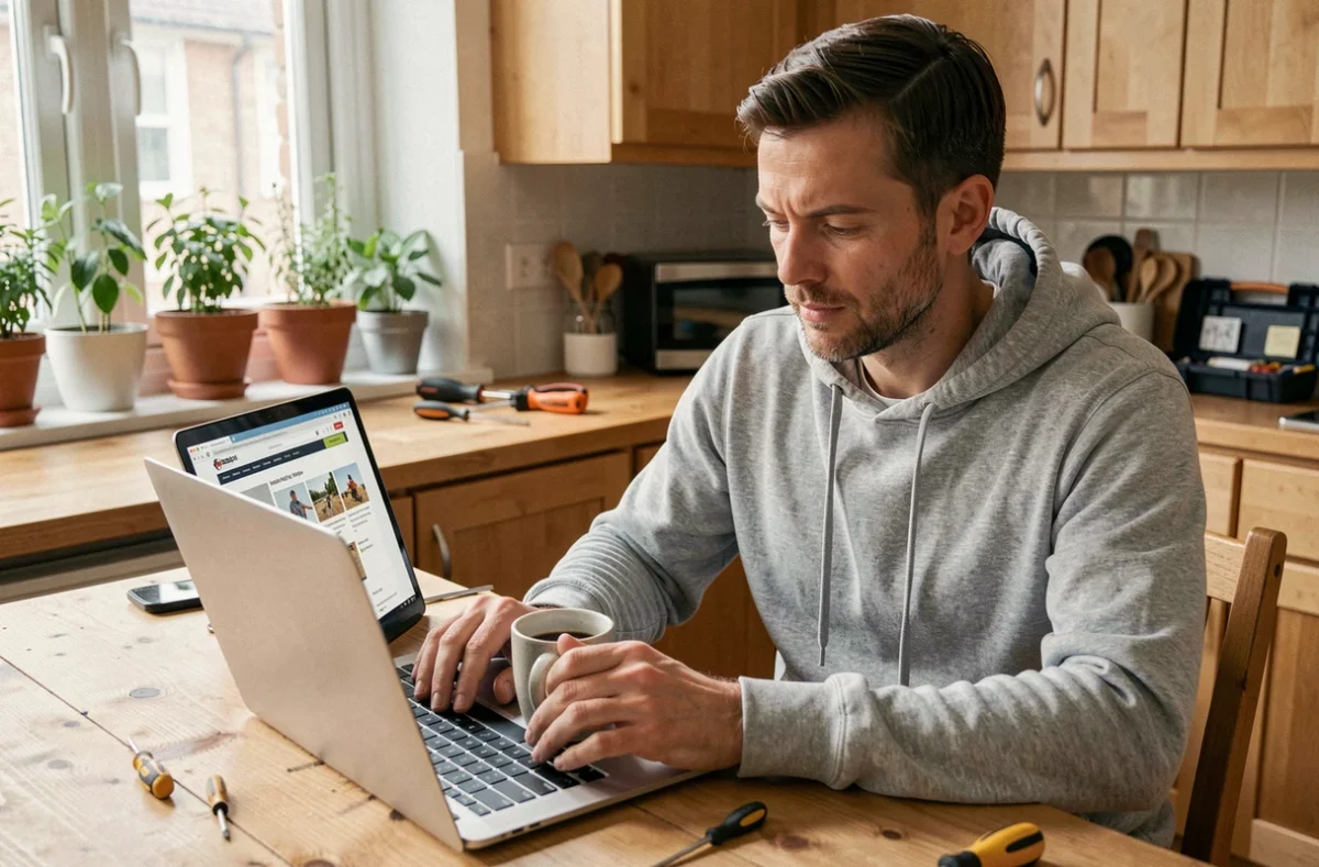 Homme en hoodie gris contactant un service de bricolage en ligne depuis son ordinateur portable le week-end dans sa cuisine