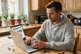 Homme en hoodie gris contactant un service de bricolage en ligne depuis son ordinateur portable le week-end dans sa cuisine