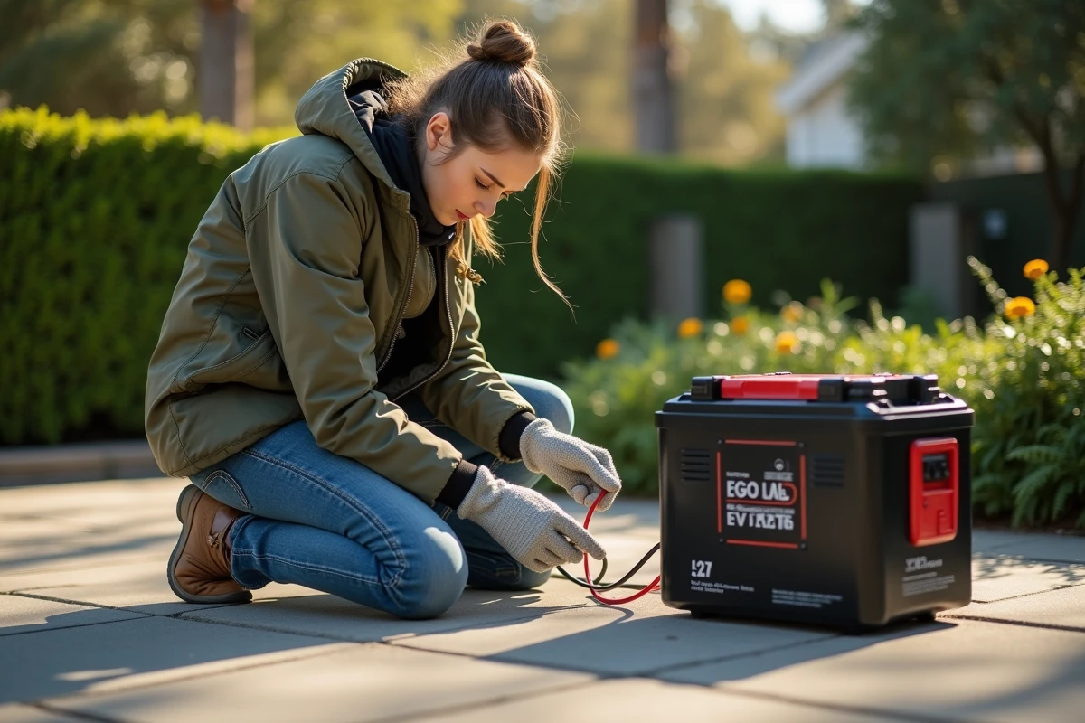 Jeune femme vérifiant câbles de batteries dans jardin résidentiel