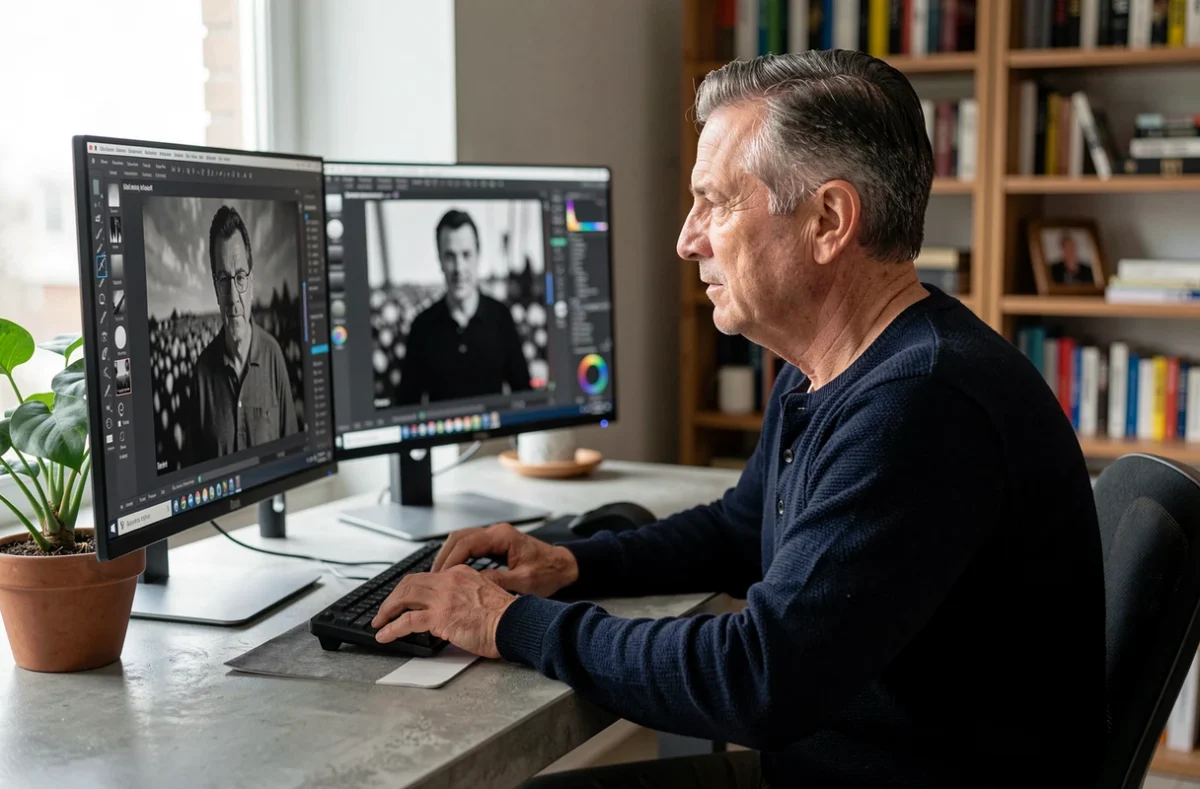 Photographe masculin comparant une conversion noir et blanc incorrecte et une version corrigée sur deux écrans de montage photo