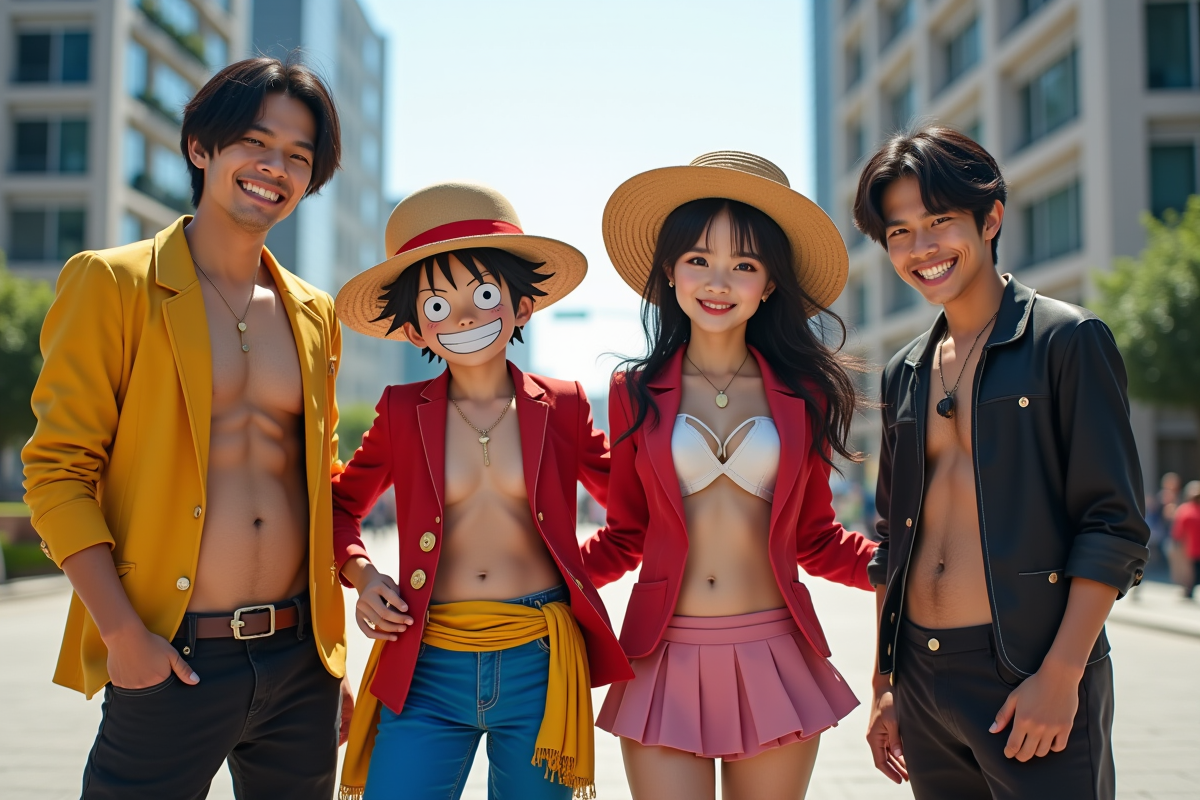 Groupe de cosplayers en costumes One Piece en ville ensoleillee