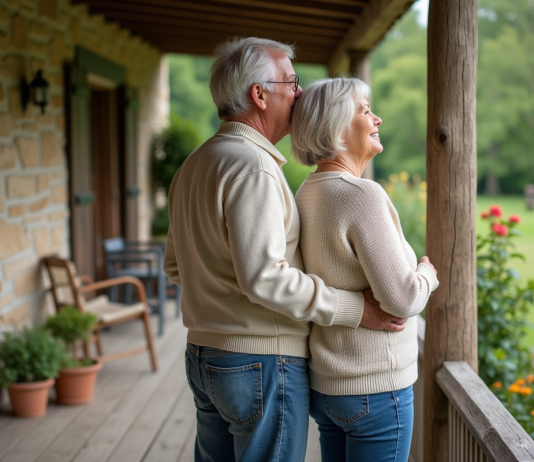 Couple détendu sur terrasse de campagne en sweater