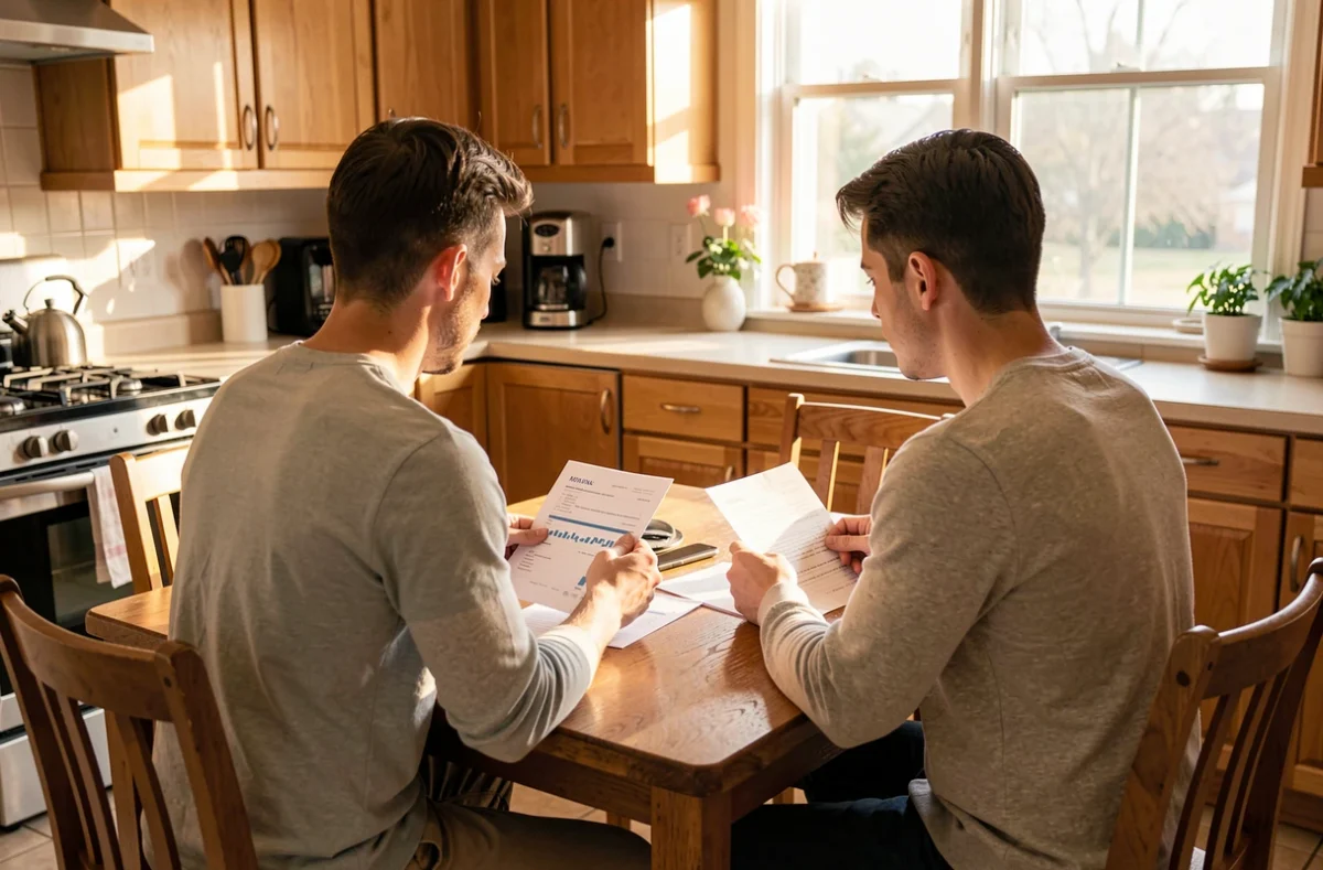 Couple examinant des documents d'épargne à une table de cuisine