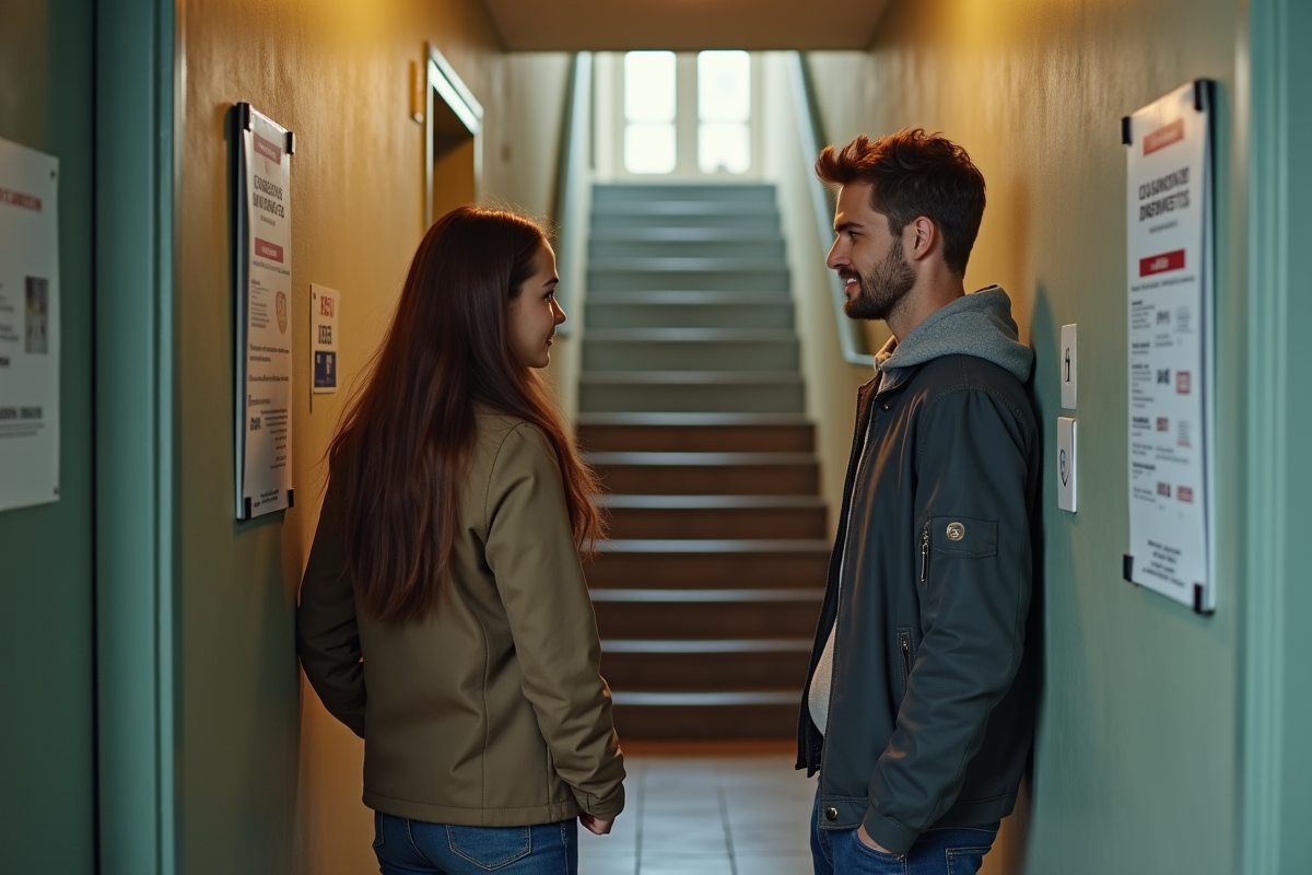 Jeune couple vérifiant une affiche dans le hall d