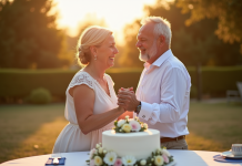 Couple mature souriant lors d un dîner en plein air avec gâteau