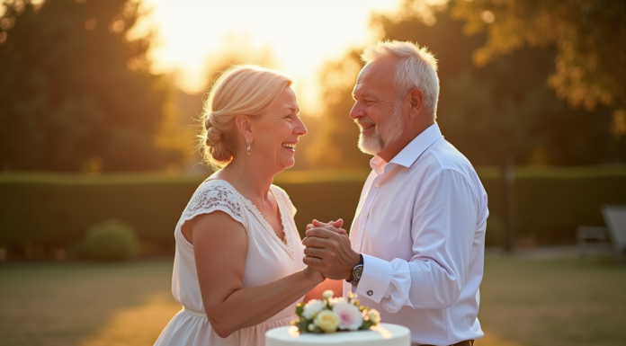 Couple mature souriant lors d un dîner en plein air avec gâteau