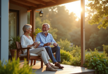 Couple d'âge moyen profitant du soleil sur leur terrasse