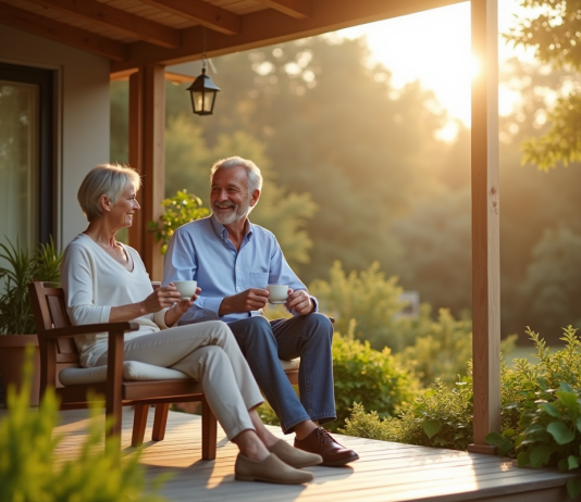 Retraite à 55 ans avec 500 000 $ : est-ce suffisant ? Couple d'âge moyen profitant du soleil sur leur terrasse