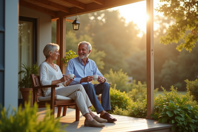 Couple d'âge moyen profitant du soleil sur leur terrasse