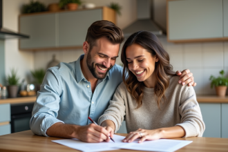 Couple souriant signant un prêt immobilier à la maison