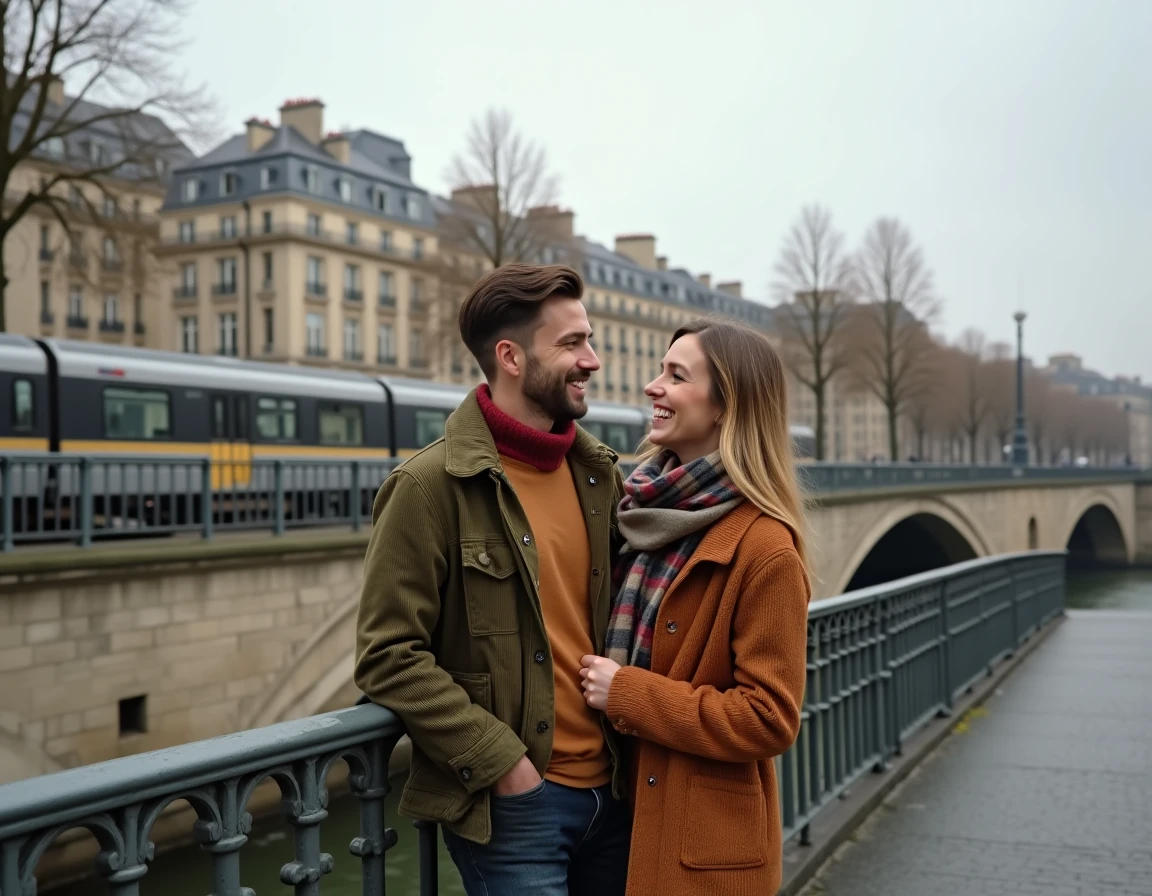 Couple sur le viaduc d'Austerlitz avec le métro ligne 6 en mouvement et la Seine en arrière-plan à Paris
