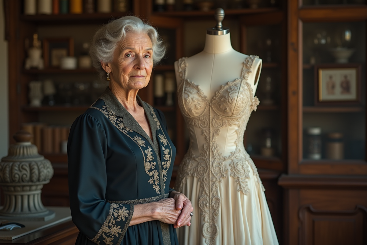 Femme en robe ancienne avec mannequin dans atelier mode