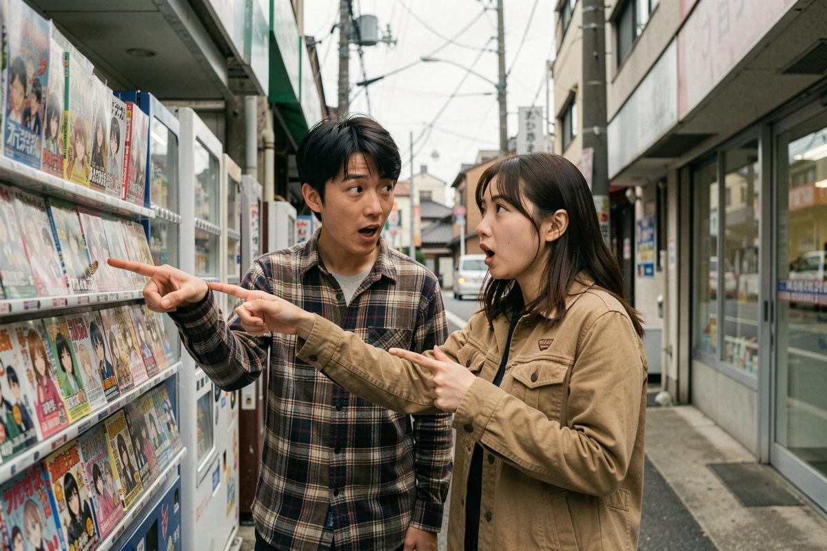 Deux jeunes adultes découvrant le nouveau chapitre One Piece devant un présentoir de mangas dans une rue japonaise