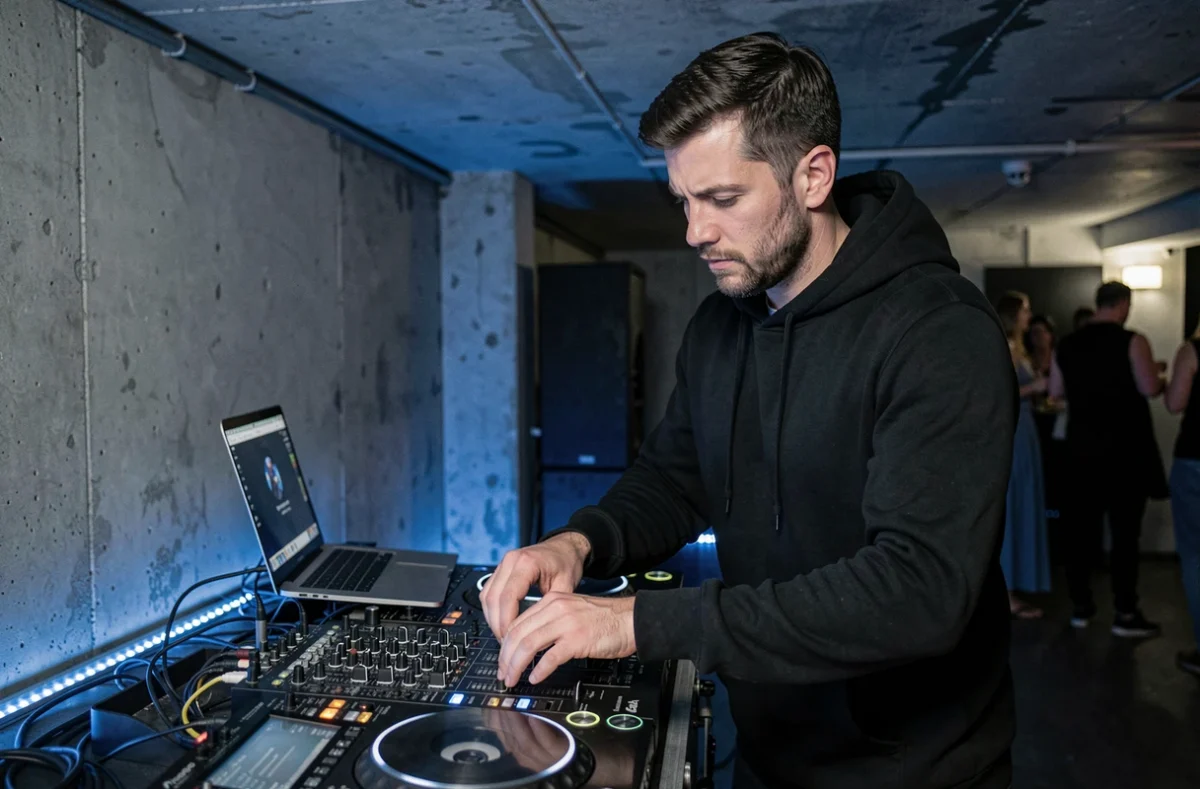 DJ Ad7 en pleine session de mixage dans une salle privée à l'atmosphère underground
